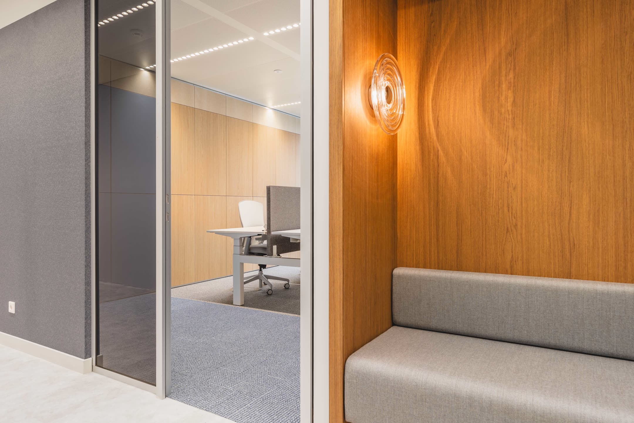 Quiet office suite with warm wood paneling